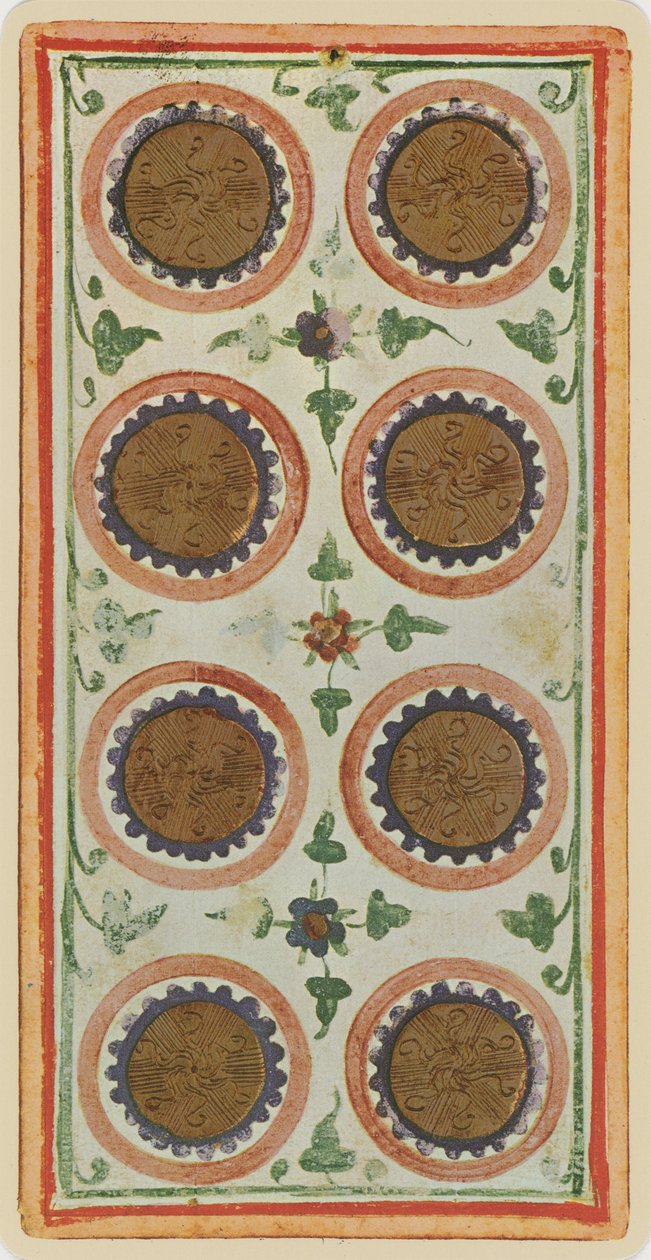 Mønternes otte, faksimile af et tarotkort fra "Visconti"-spillet af Bonifacio (attr.) (after) Bembo