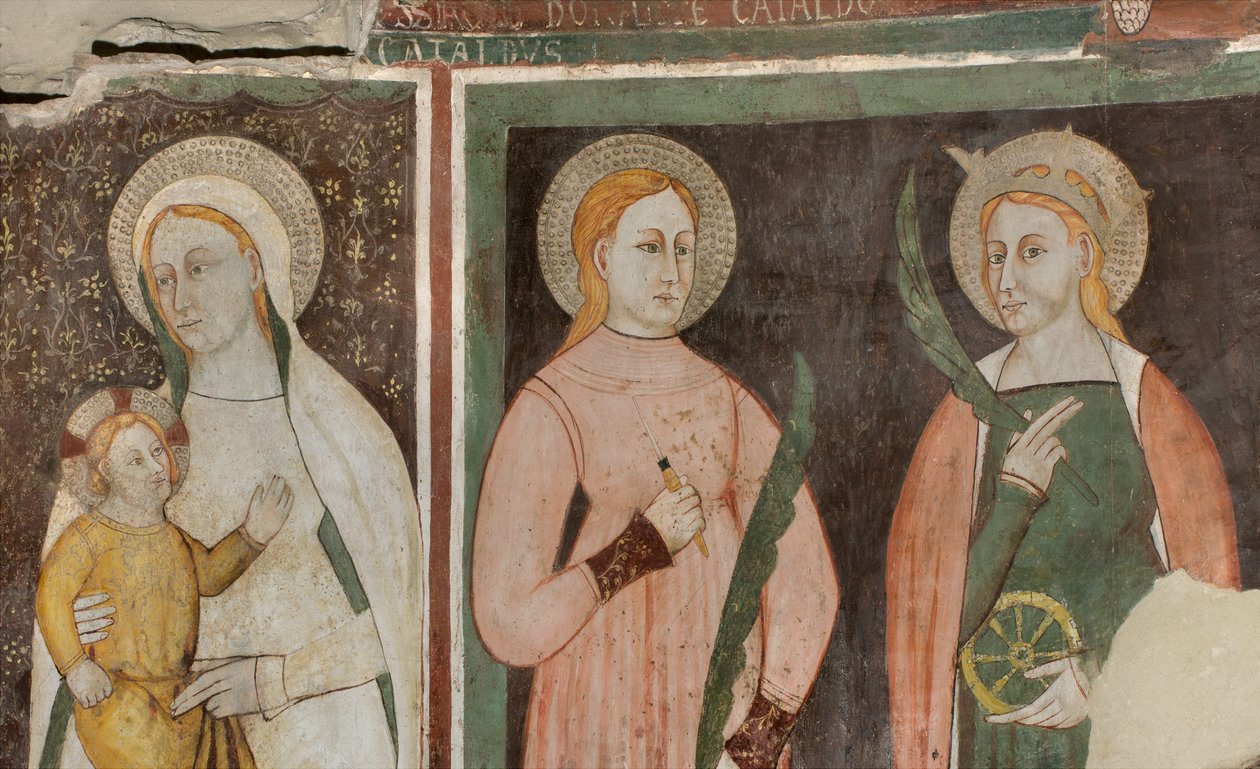 Nordlige tværskib, Ærkeenglen St. Michaels alter, bag altertavlen fresker af Boniface Bembo, Jomfru og barn den hellige Aquilina og den hellige Katarina af Alexandria af Bonifacio Bembo