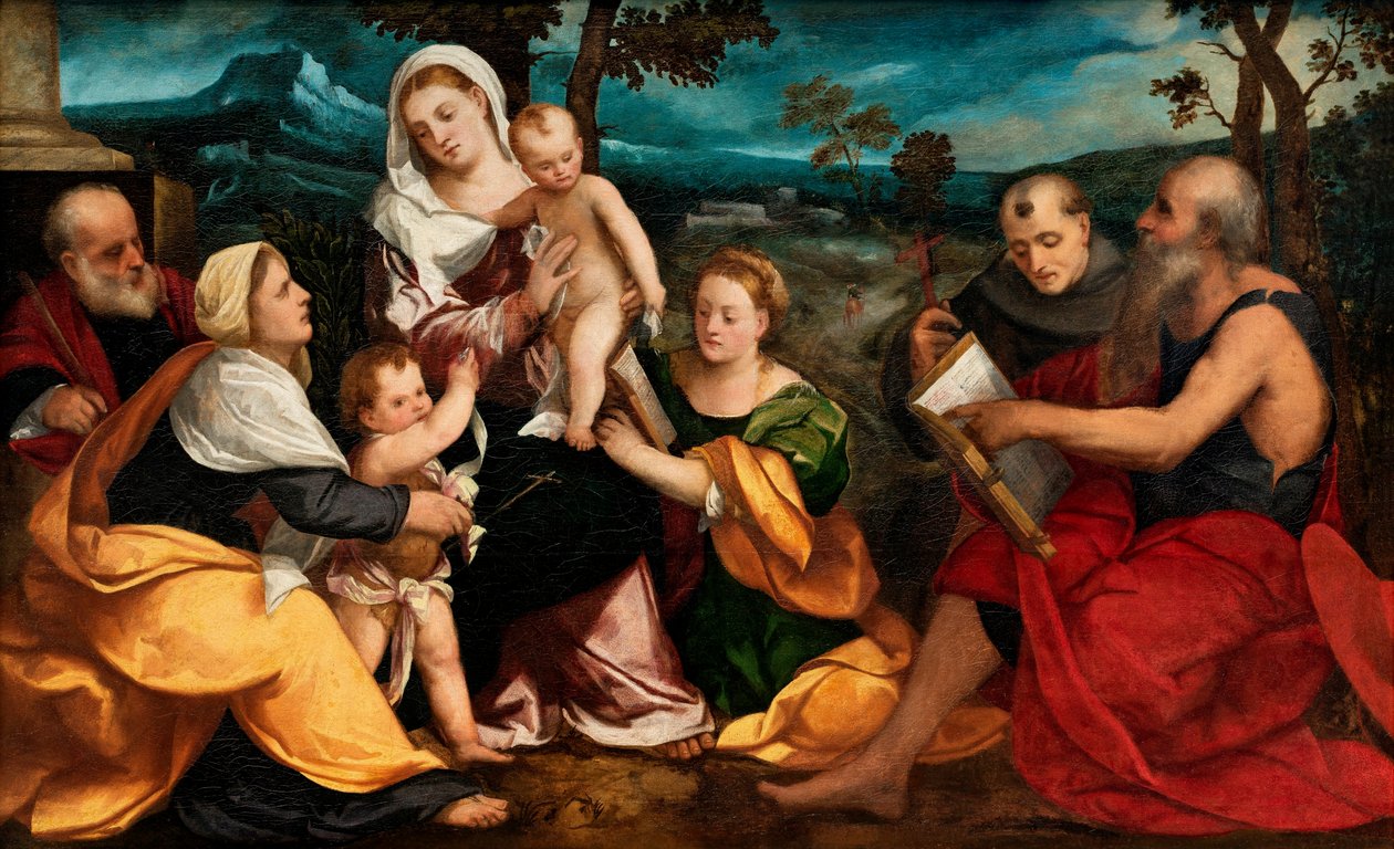 Den hellige familie omgivet af helgener, ca. 1530 (olie på panel) af Bonifazio Veronese