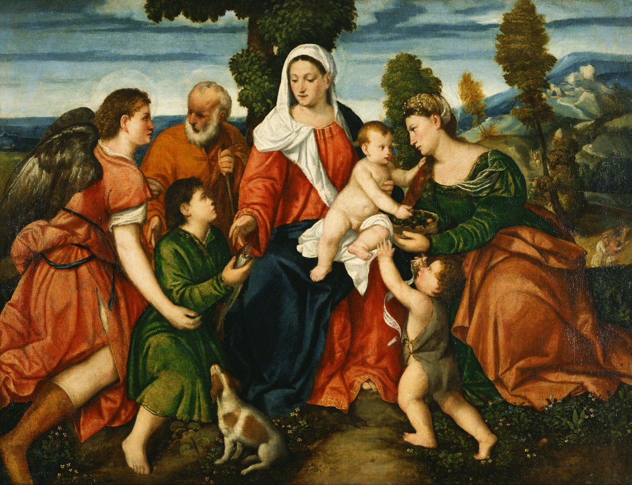 Den hellige familie med Tobias og englen, den hellige Dorothy, Giovannino og kornet mirakel udover af Bonifazio Veronese