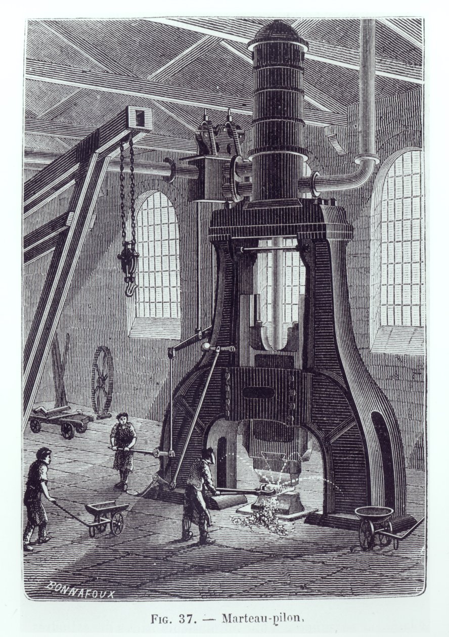 Le Creusot Power Hammer, illustration til en bog om industrielle maskiner, ca. 1880 (bw-billede) af Bonnafoux