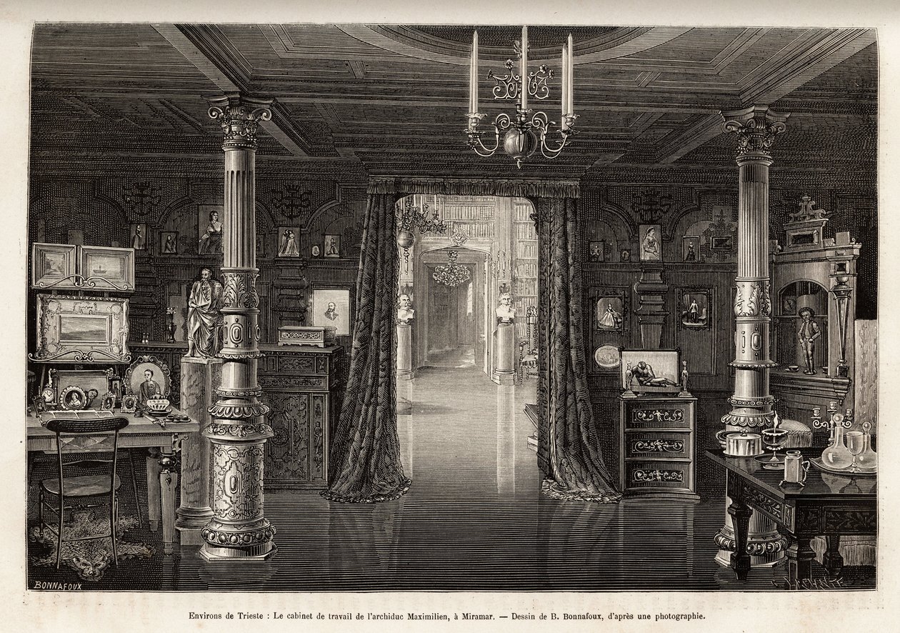 Ærkehertugen af Østrig Maximilians (1832-1867) arbejdskabinet på slottet Miramar, som han lod bygge i nærheden af Trieste, fra 1857, da han blev udråbt til vicekonge af kongeriget Lombardiet og Veneto, indgraveret af B.Bonnafoux illustra af Bonnafoux Bonnafoux