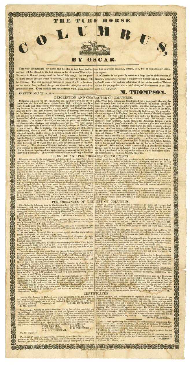 Stud heste plakat tilbyder græsbane Columbus, Fayette, Mo., 14. marts 1840 af Boon Democrat