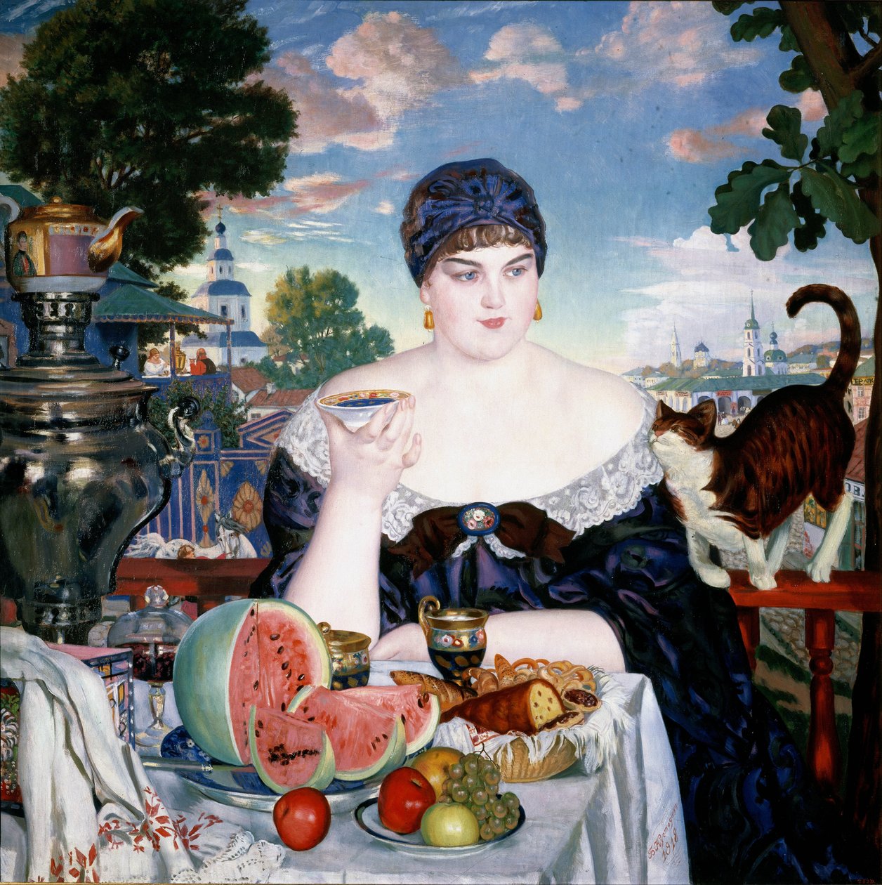 Købmænds hustru på Tea af Boris Mikhailovich Kustodiev