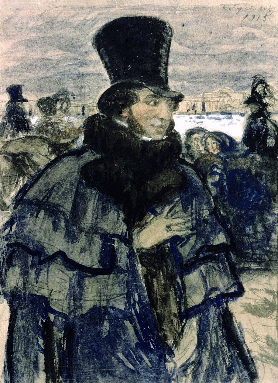Portræt af Alexander Pushkin (1799-1837) på Neva Embankment, 1915 af Boris Mikhailovich Kustodiev