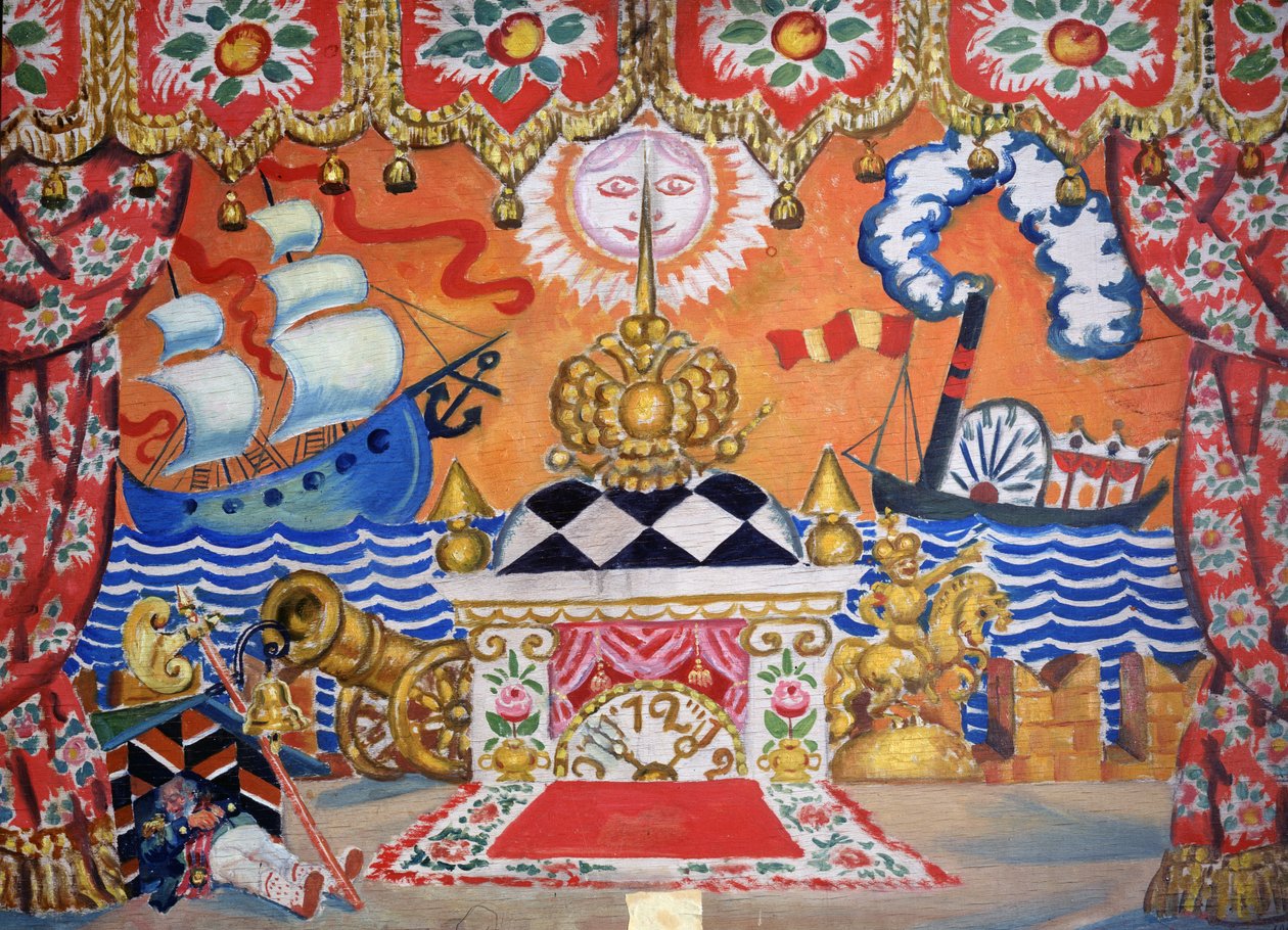 Scenografi til The Flea, af Yevgeny Zamyatin, 1925 (tempera på træ) af Boris Mikhailovich Kustodiev