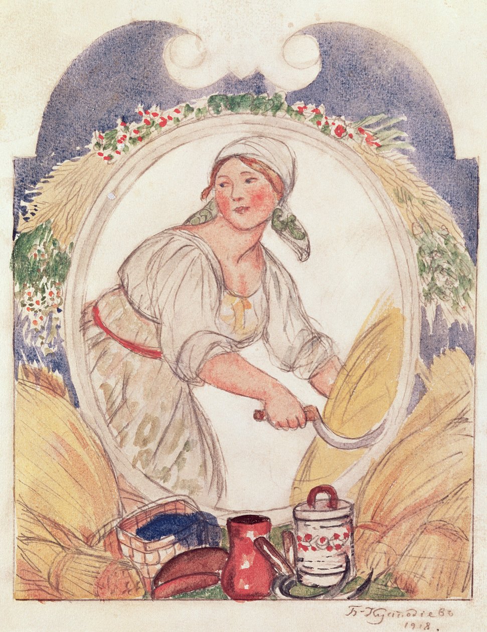 The Reaper, studie til udsmykning af Ruzheinaya (riffel)pladsen i Petrograd, 1918 (blyant og wc på papir) af Boris Mikhailovich Kustodiev