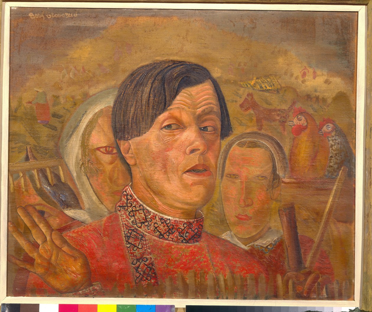Selvportræt med hanen og hønen (Selvportræt med hanen og hønen) - Maleri af Boris Dmitrievich Grigoriev (1886-1939), ca. 1924 - Olie på lærred - Størrelse: 60,4 x 73,5 cm - Privat samling af Boris Dmitrievich Grigoriev