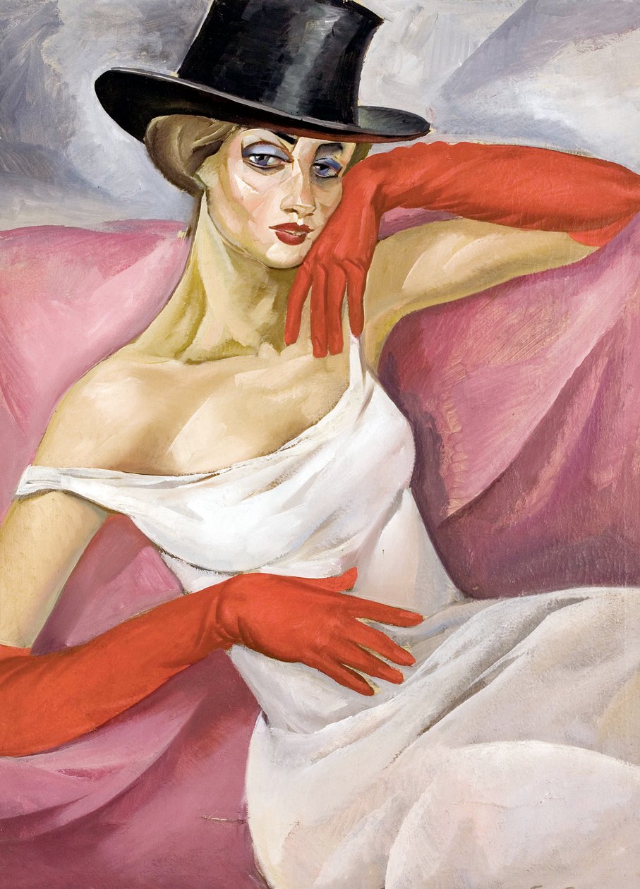 Lady in Top Hat - Maleri af Boris Dmitryevich Grigoriev (1886-1939), olie på lærred (81,3x61,6 cm) - Privat samling af Boris Dmitrievich Grigoriev