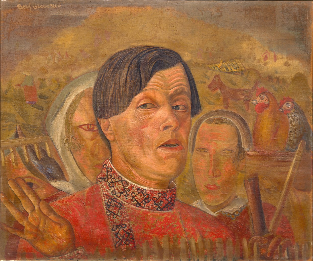 Selvportræt med hanen og hønen, ca. 1924 af Boris Dmitrievich Grigoriev