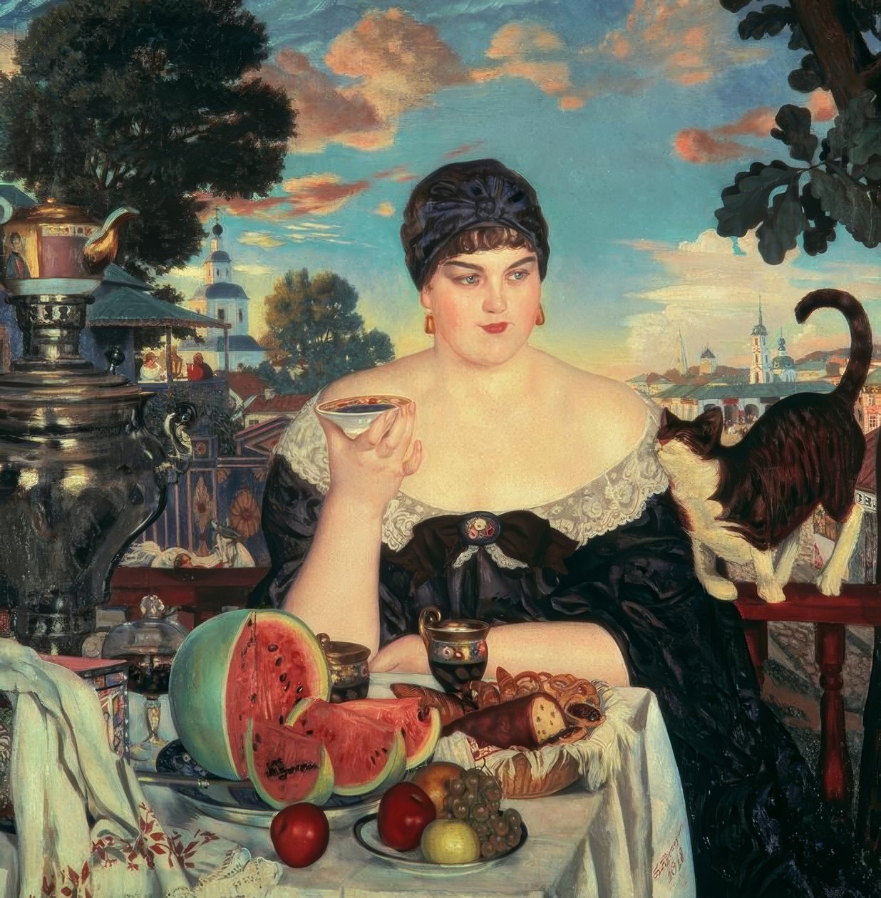 Forretningskvinde har te af Boris Mikhailovich Kustodiev
