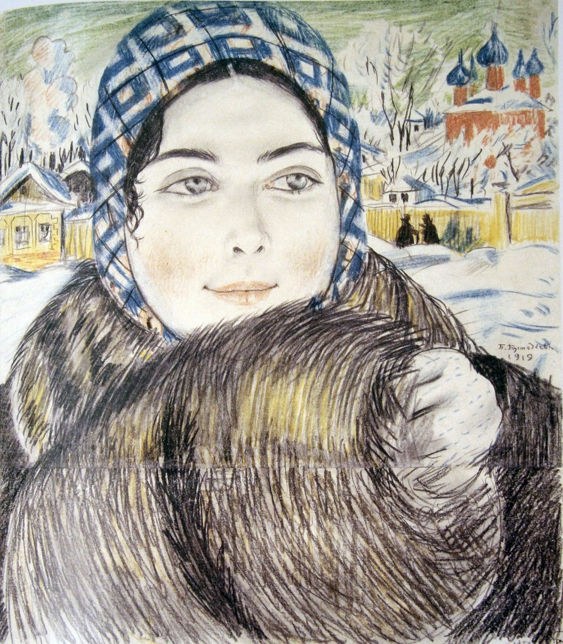 En ung købmandskone i et ternet tørklæde par Kustodiev, Boris Michaylovich (1878-1927) af Boris Mikhailovich Kustodiev