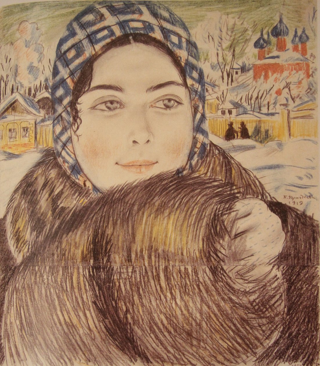 En ung købmandskone i et ternet tørklæde, 1919 af Boris Mikhailovich Kustodiev