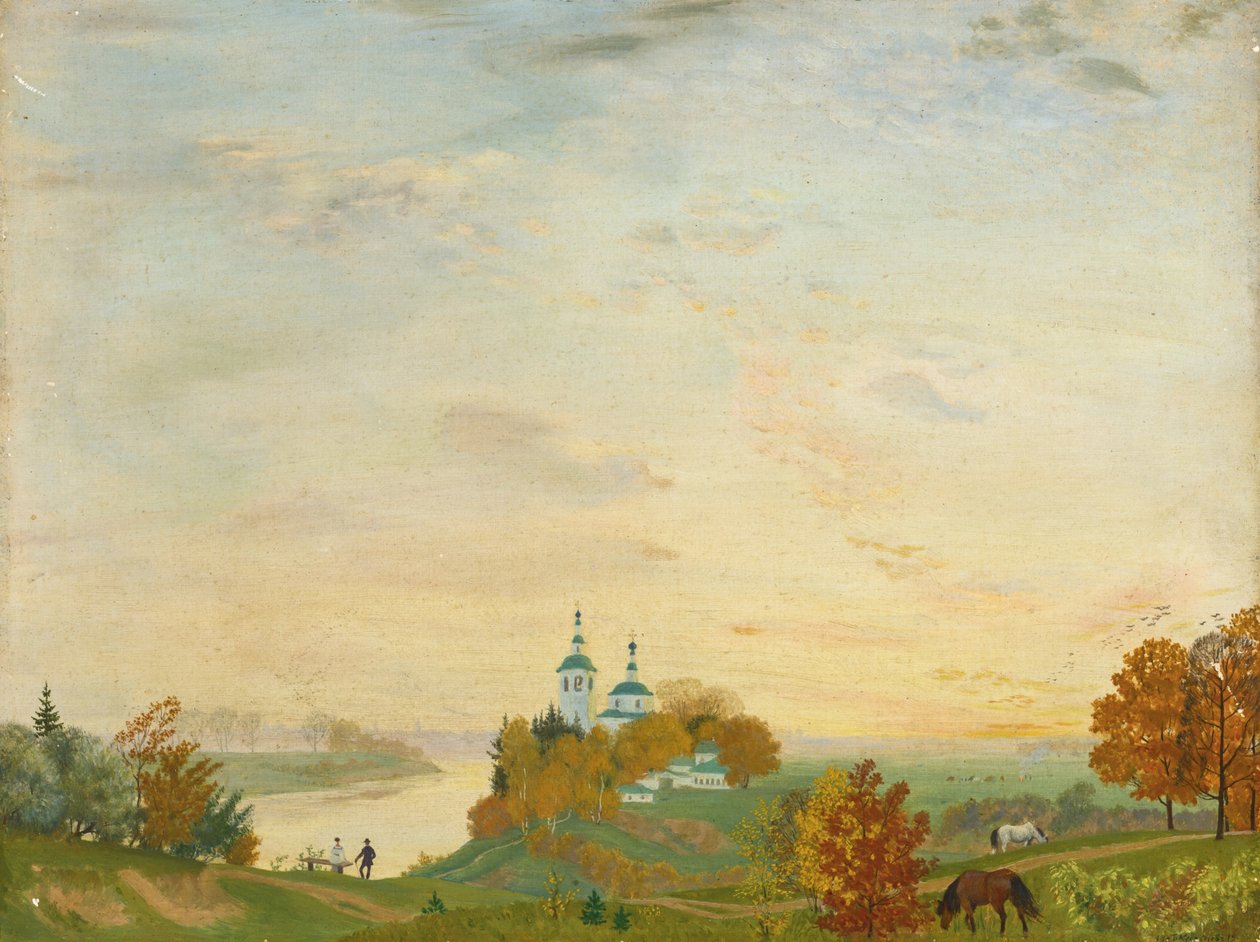 Over floden, efterår, 1919 af Boris Mikhailovich Kustodiev