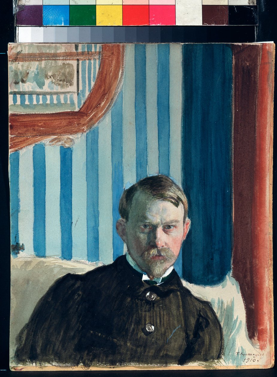 Autoportræt (Selvportræt) - Værk af Boris Mikhailovich Kustodiev (1878-1927), akvarel, gouache og blæk på papir af Boris Mikhailovich Kustodiev