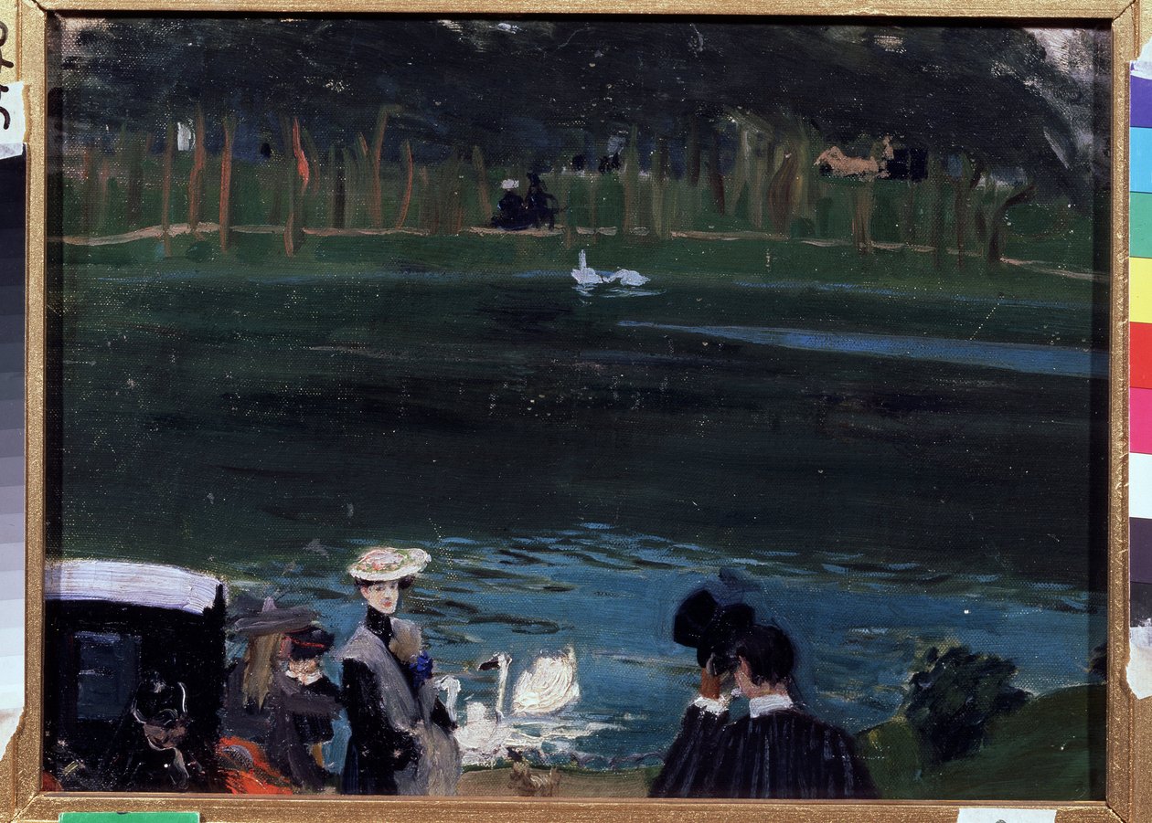 Bois de Boulogne. Søen med svaner og vandrere. Maleri af Boris Michaylovich Kustodiev (Kustodiev) (1878-1927), olie på lærred af Boris Mikhailovich Kustodiev