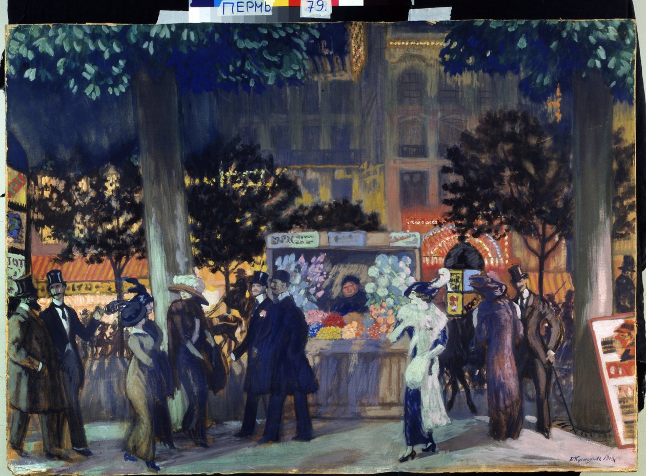 Boulevard i Paris om natten. (Boulevard i Paris om natten). Beskrivelse af den natlige animation af det parisiske liv om sommeren. Du kan se Morris-søjler. Maleri af Boris Michaylovich Kustodiev (Kustodiev) (1878-1927), olie på lærred af Boris Mikhailovich Kustodiev