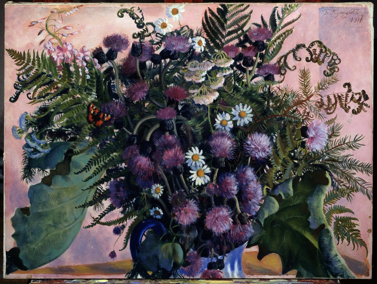 Buket finske blomster. (finsk bundt blomster). Maleri af Boris Michaylovich Kustodiev (Kustodiev) (1878-1927), olie på lærred af Boris Mikhailovich Kustodiev