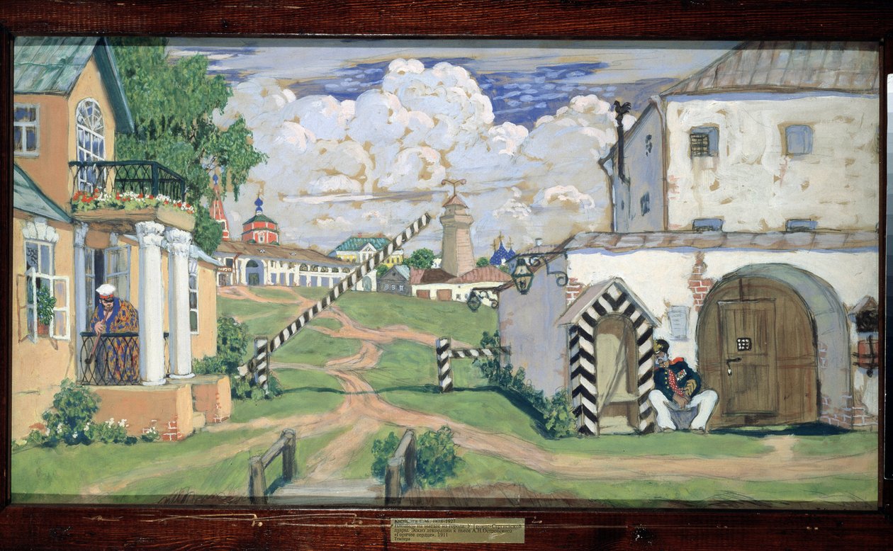 Decor preparatoire pour la piece de theater ""Coeur ardent"" af Alexandre Ostrovski (1823-1886) (Scenedesign til teaterstykket The Fiery Heart af Alexander Ostrovsky) - Oeuvre af Boris Michalovich Kustodiev (Koustodiev) (1878-1927), gouache og temperament af Boris Mikhailovich Kustodiev