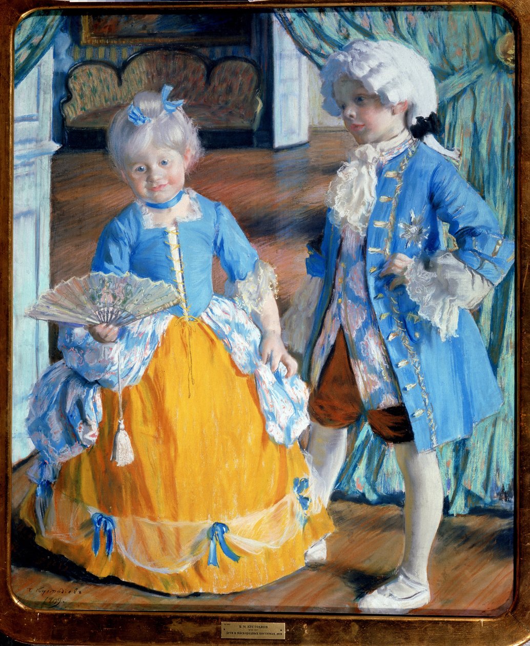 Børn i rokokostume (Børn i rokokokjole). Drengen er iført strømper og paryk, pigen holder en blondevifte. Maleri af Boris Michaylovich Kustodiev (Kustodiev) (1878-1927), olie på lærred af Boris Mikhailovich Kustodiev