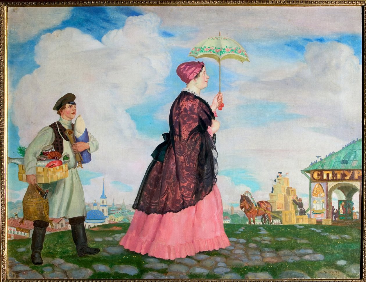 Købmandskvinde med sine indkøb. (Købmandskvinde Med Køb). På tilbagevejen følges den elegante kvinde under sin parasol af en ekspedient, der transporterer hendes indkøb. Maleri af Boris Michaylovich Kustodiev (Kustodiev) (1878-1927), olie af Boris Mikhailovich Kustodiev