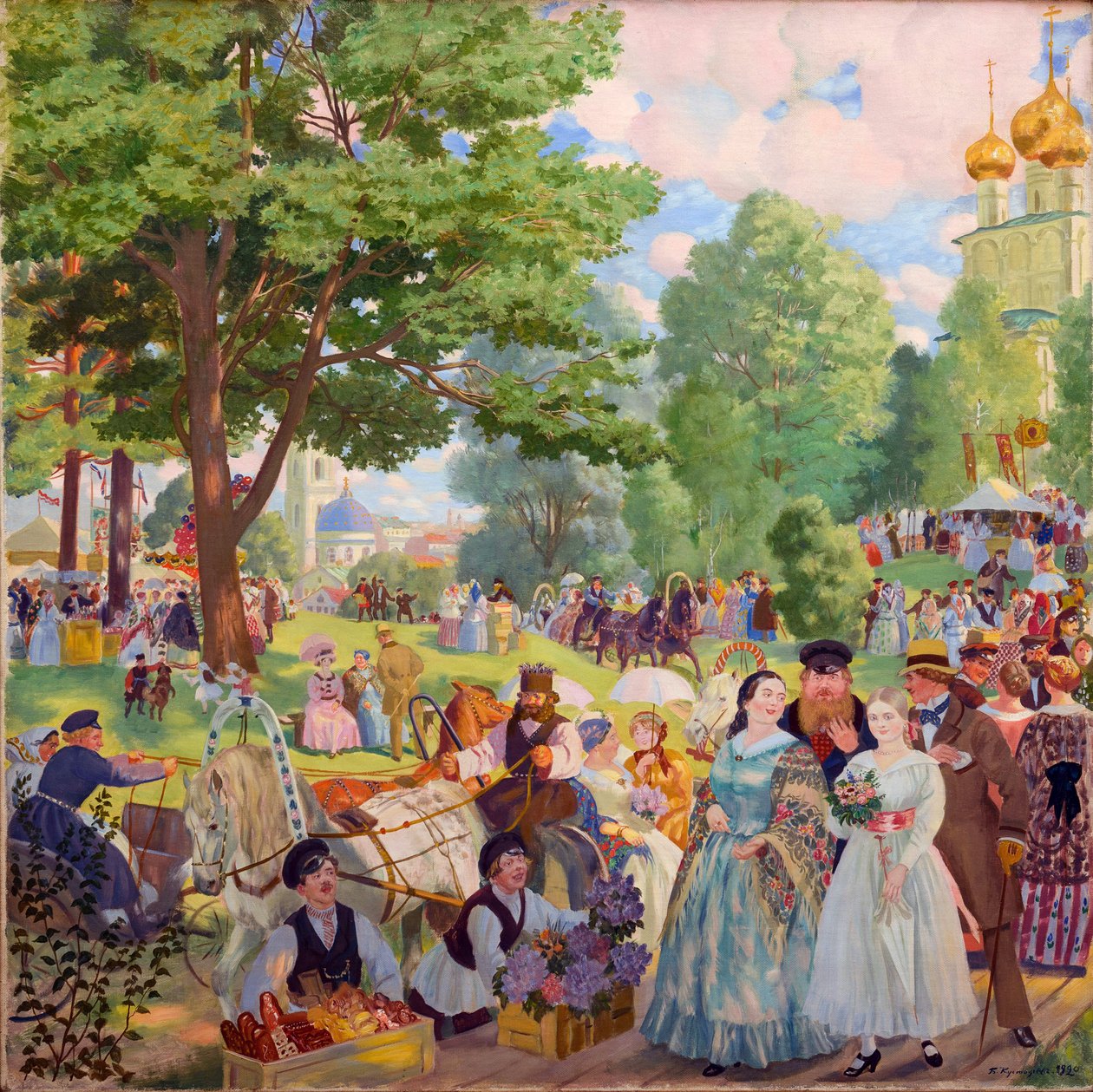 Fete de la Sainte Trinite - Fest for den hellige treenighed par Kustodiev, Boris Michaylovich (1878-1927). Olie på lærred af Boris Mikhailovich Kustodiev