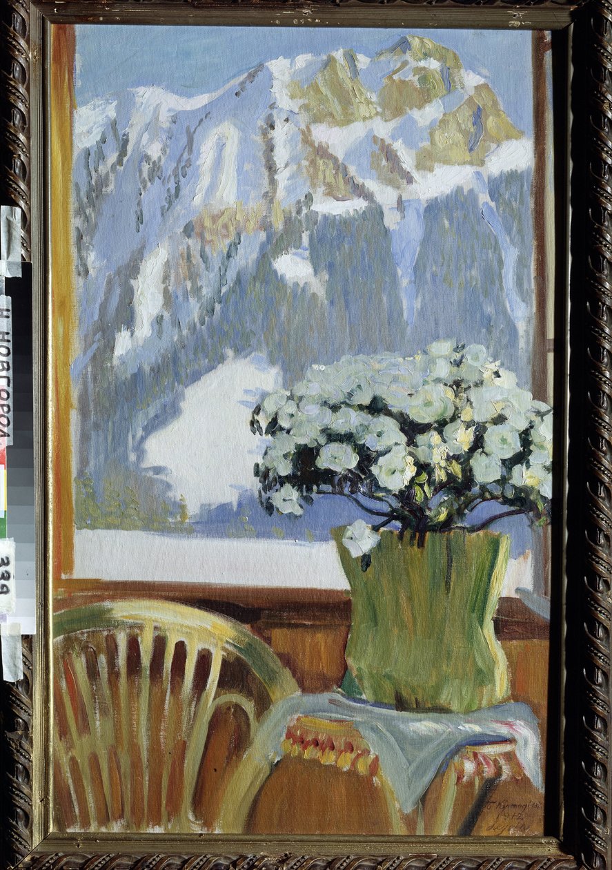 Blomster på balkonen med udsigt over bjergene. Maleri af Boris Michaylovich Kustodiev (Kustodiev) (1878-1927), olie på lærred af Boris Mikhailovich Kustodiev