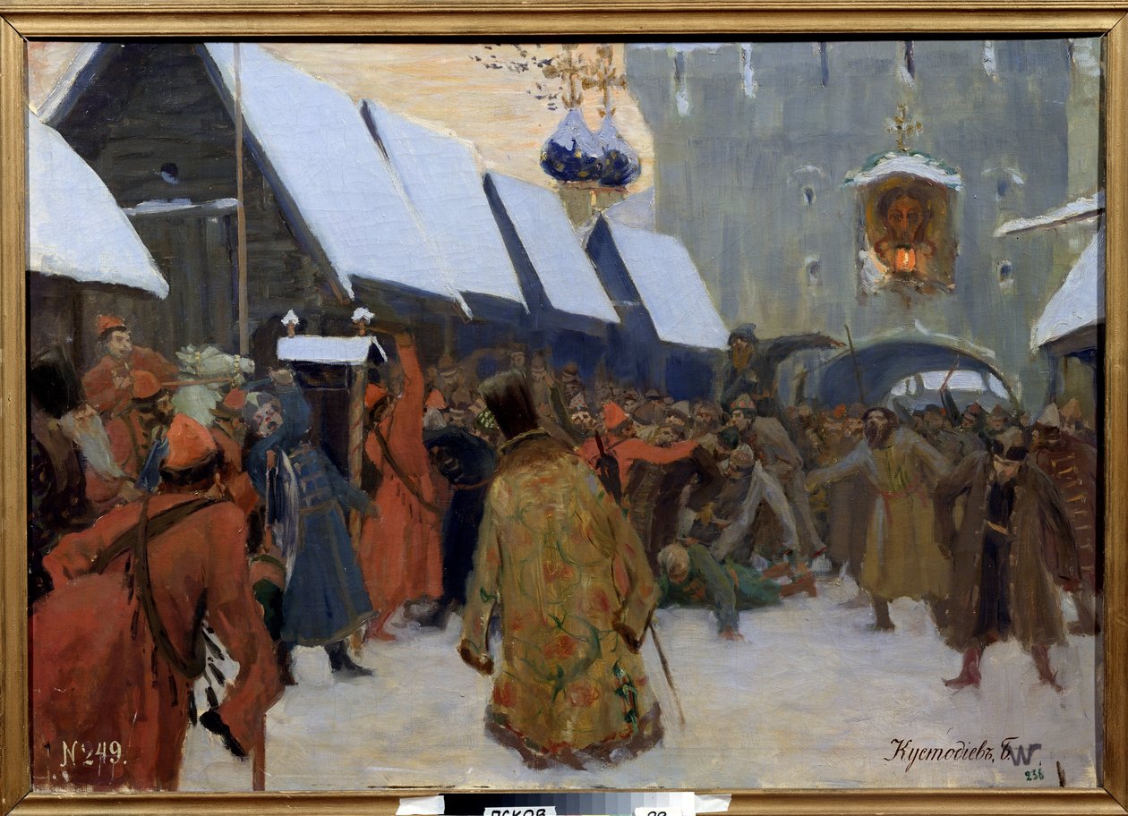 Oprøret af folket mod Boyards (Boyard, Boyard). (Mennesker oprør mod Boyars). Gadescene i Grand Duche i Moskva, populær løft mod den gamle russiske adel af Boris Mikhailovich Kustodiev