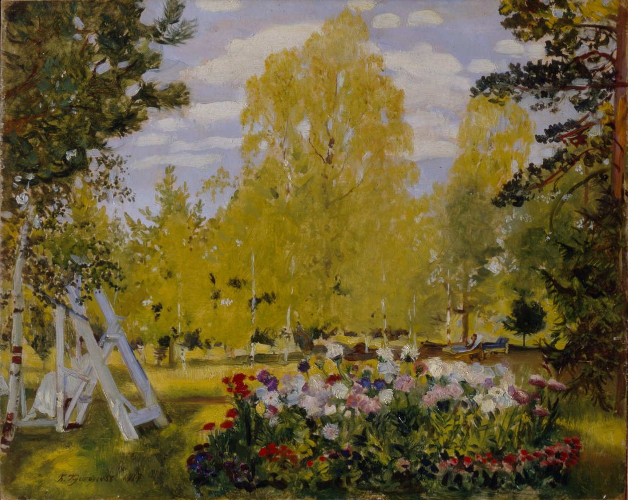 Landskab med et blomsterbed af Boris Mikhailovich Kustodiev