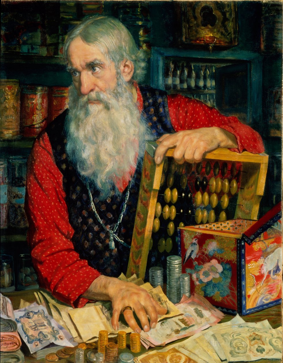 Købmanden (gammel mand med penge og en kulerram). Maleri af Boris Michaylovich Kustodiev (Kustodiev) (1878-1927), olie på lærred af Boris Mikhailovich Kustodiev