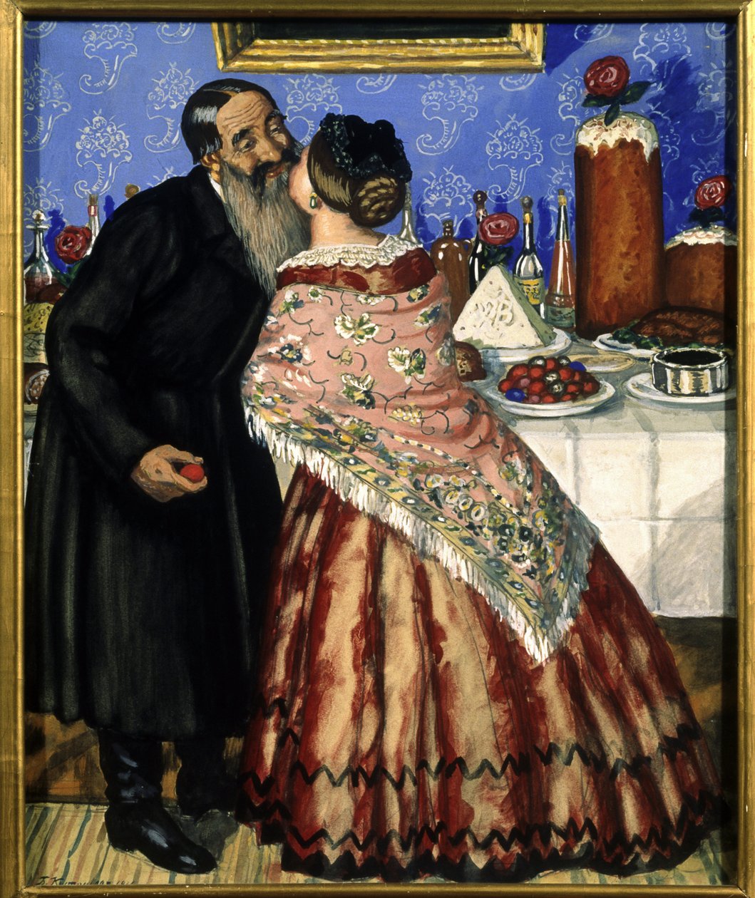 Påskehilsner (et par kys nær bordet med påskemåltidet) (Påskehilsenen) - Maleri af Boris Michaylovich Kustodiev (1878-1927), tempera på pap af Boris Mikhailovich Kustodiev
