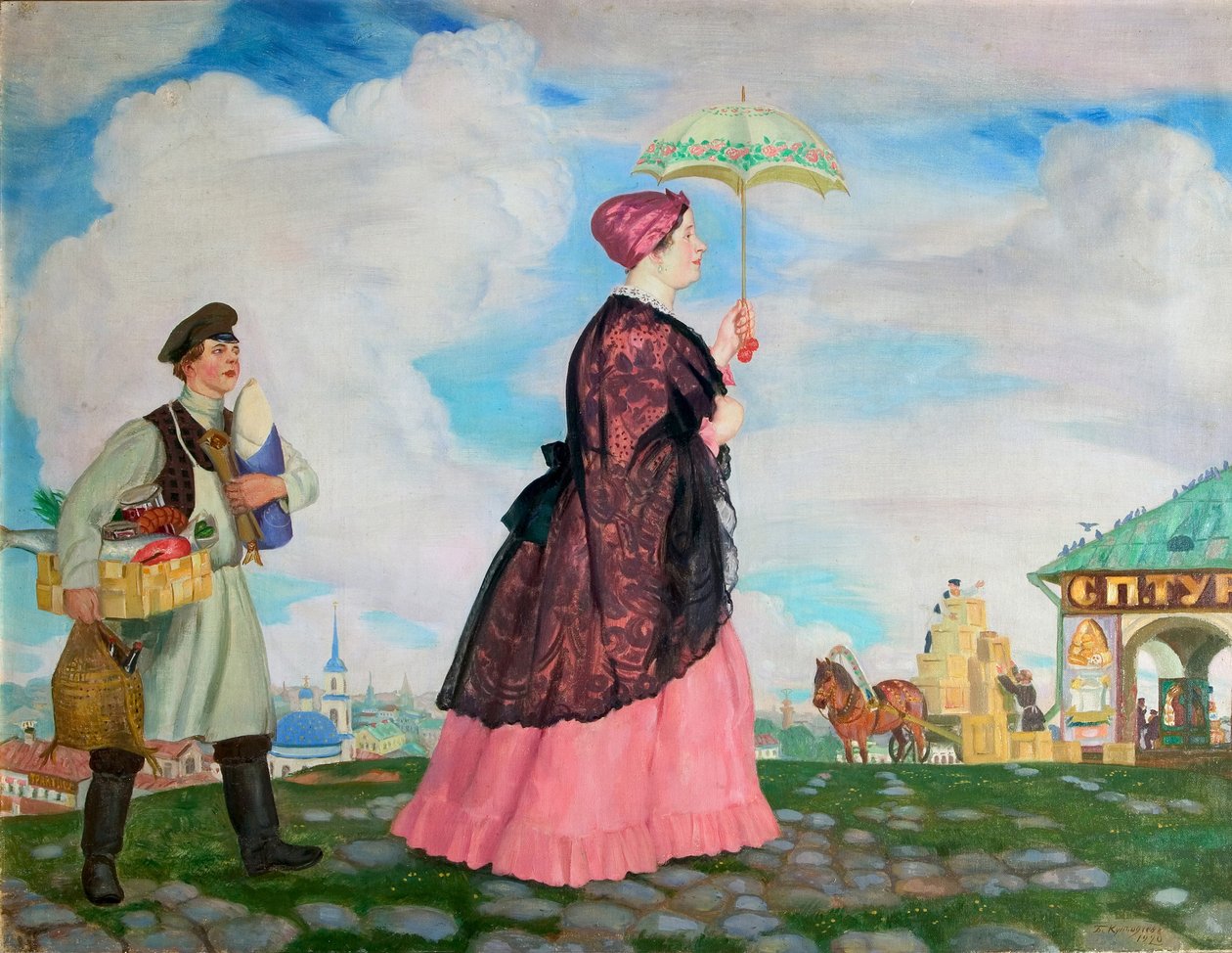 Købmandskvinde med indkøb, 1920 af Boris Mikhailovich Kustodiev