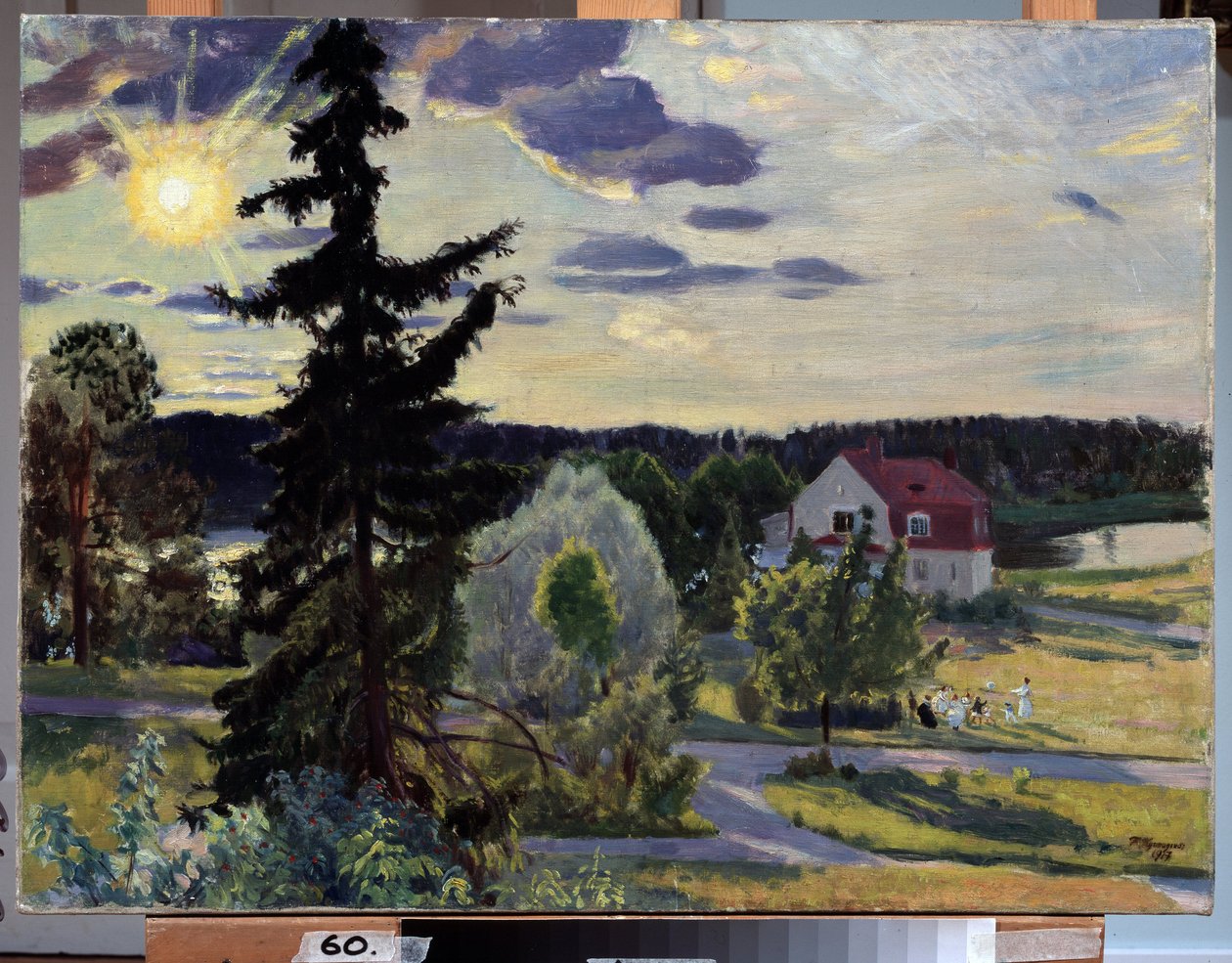Aftenlandskab. En gruppe børn leger med en bold på græsplænen foran et hus. Maleri af Boris Michaylovich Kustodiev (Kustodiev) (1878-1927), olie på lærred af Boris Mikhailovich Kustodiev