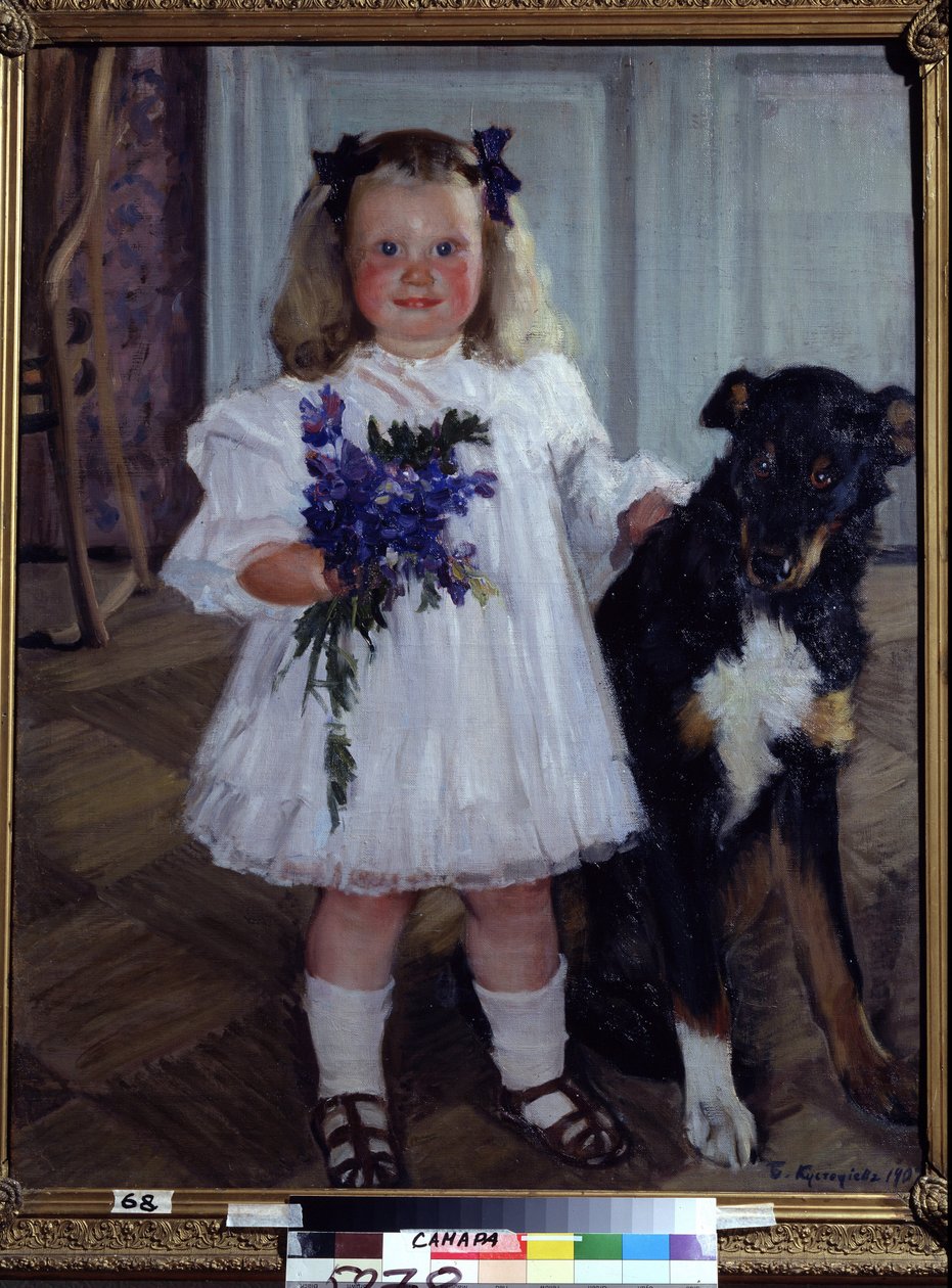 Portræt af datteren Irina med hunden Shumka. Maleri af Boris Michaylovich Kustodiev (Kustodiev) (1878-1927), olie på lærred af Boris Mikhailovich Kustodiev