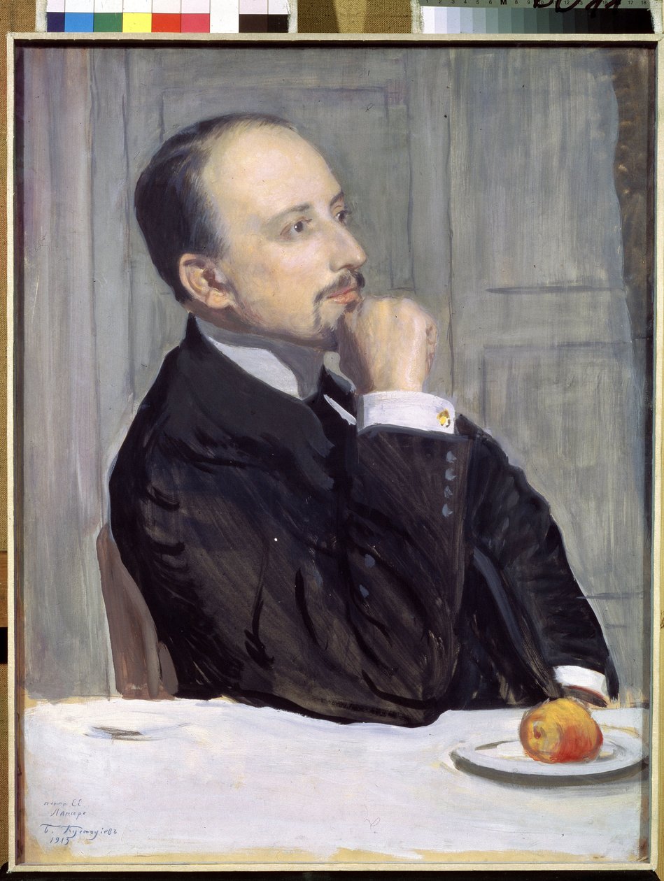 Portræt af kunstneren Evgeny Evgenyevich Lanceray (Eugene Lancere) (1875-1946) (Portræt af kunstneren E. Lanceray). Værk af Boris Michaylovich Kustodiev (1878-1927), tempera på pap af Boris Mikhailovich Kustodiev