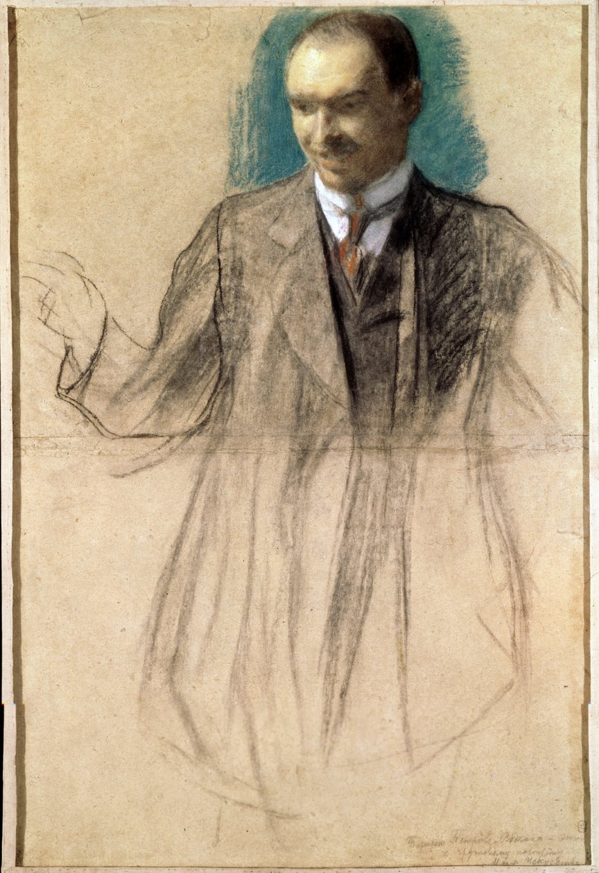 Portræt af kunstneren Kouzma Petrov-Vodkine (Petrov Vodkine) (1878-1939). (Portræt af kunstneren Kusma Petrov Vodkin). Oeuvre af Boris Michaylovich Kustodiev (Koustodiev) (1878-1927), pastel på karton af Boris Mikhailovich Kustodiev