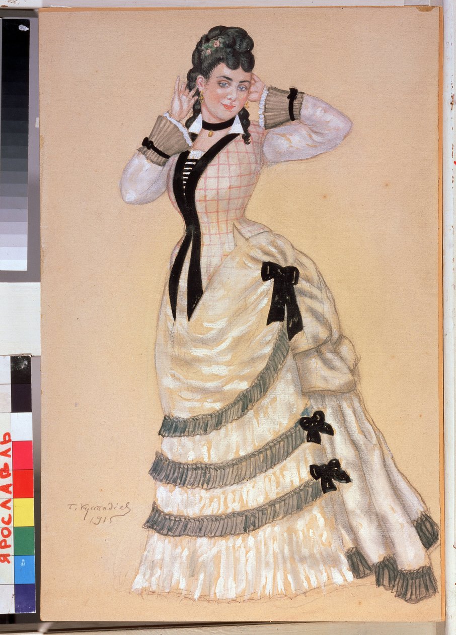 Kvindelig kostumeprojekt til teaterstykket Ulv og får af Alexandre Ostrovski (1823-1886) (Kostumedesign til teaterstykket Ulve og får af A. Ostrovsky). Værk af Boris Michaylovich Kustodiev (Koustodiev) (1878-1927), akvarel på kort af Boris Mikhailovich Kustodiev