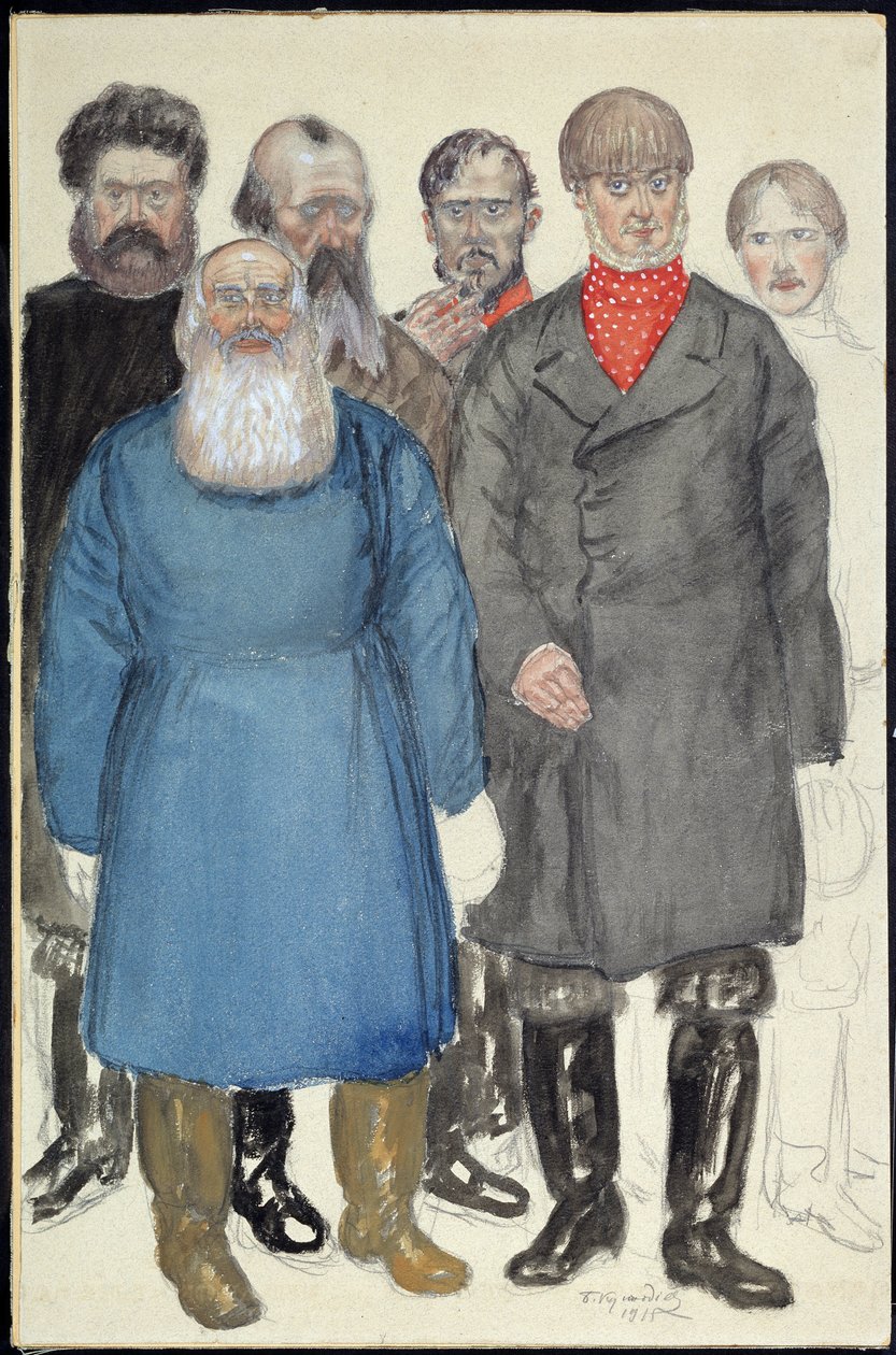 Kostumedesign til teaterstykket Ulve og får af Alexandre Ostrovsky (1823-1886) (Kostumedesign til teaterstykket Ulve og får af A. Ostrovsky). Værk af Boris Michaylovich Kustodiev (Koustodiev) (1878-1927), akvarel på papir af Boris Mikhailovich Kustodiev