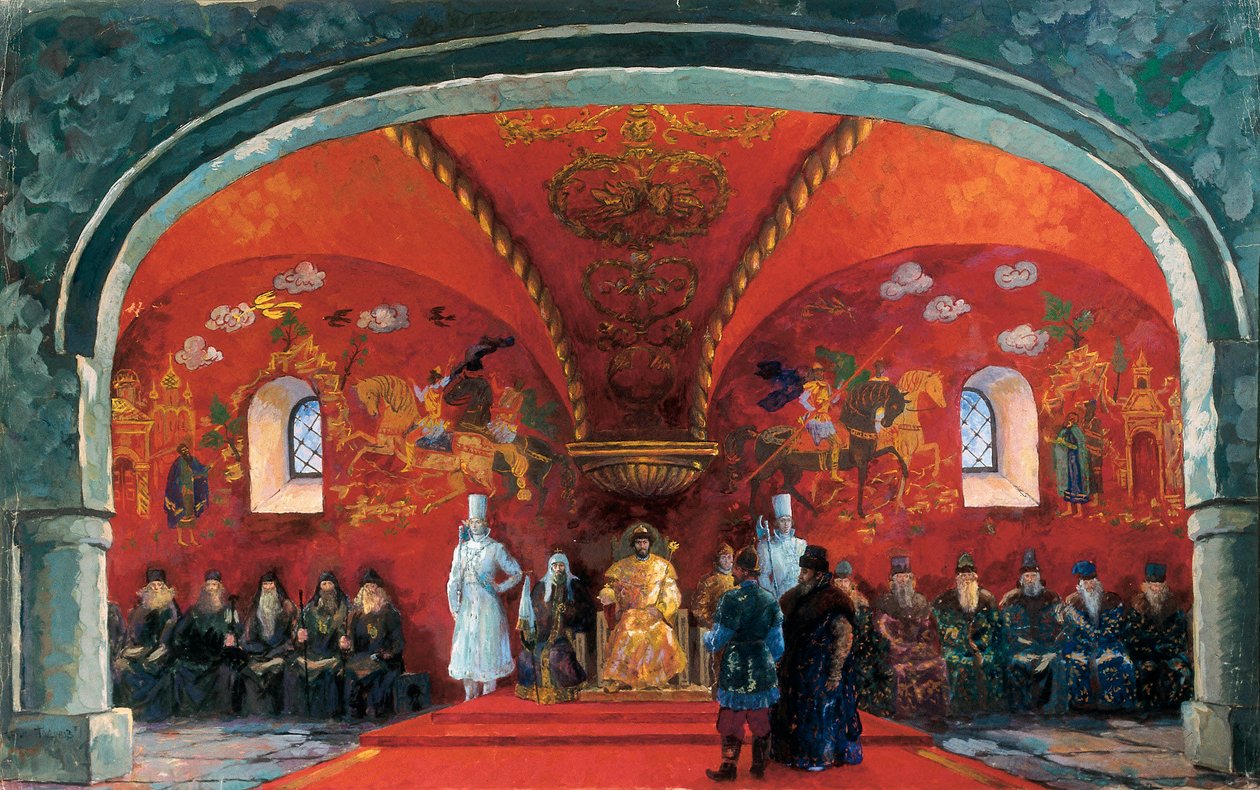 Repræsentation af Boris Fyodorovich Godunov (1551-1605), zar af Rusland, indretning for teaterstykket "Boris Godunov" af Alexander Sergeyevich Pushkin (olie på lærred) af Boris Mikhailovich Kustodiev
