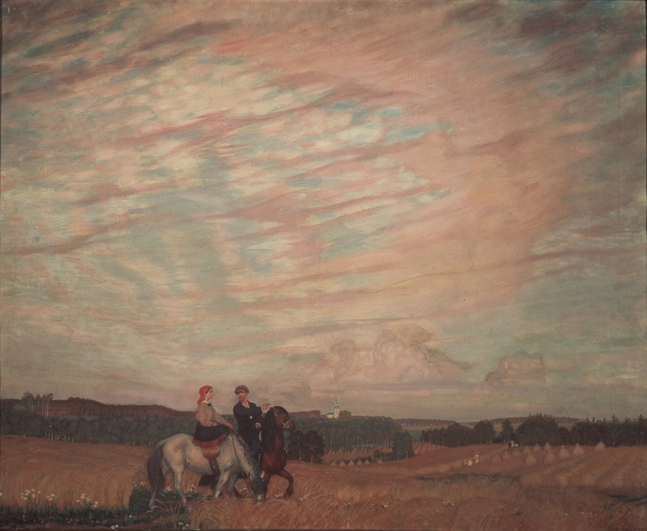 Selvportræt med hustruen til hest, 1915 af Boris Mikhailovich Kustodiev
