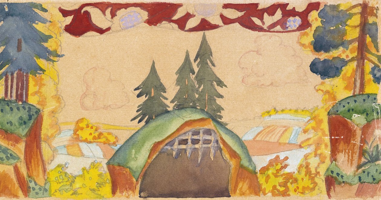 Scenedesign til operaen Den Gyldne Hane af N. Rimsky-Korsakov, 1927 af Boris Mikhailovich Kustodiev