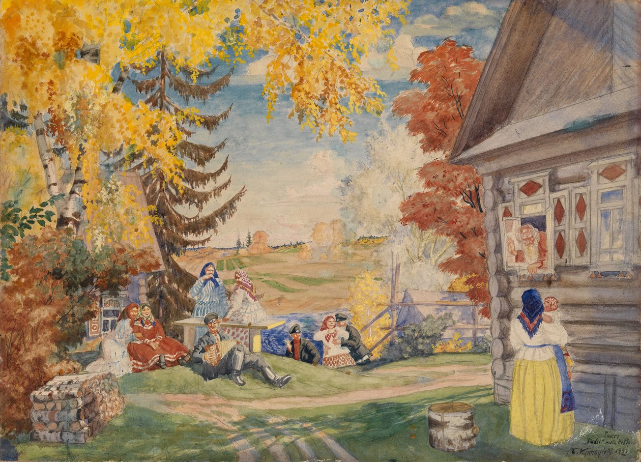 Scenedesign til teaterstykket Bondekvinder af Alexander Neverov, 1920 af Boris Mikhailovich Kustodiev
