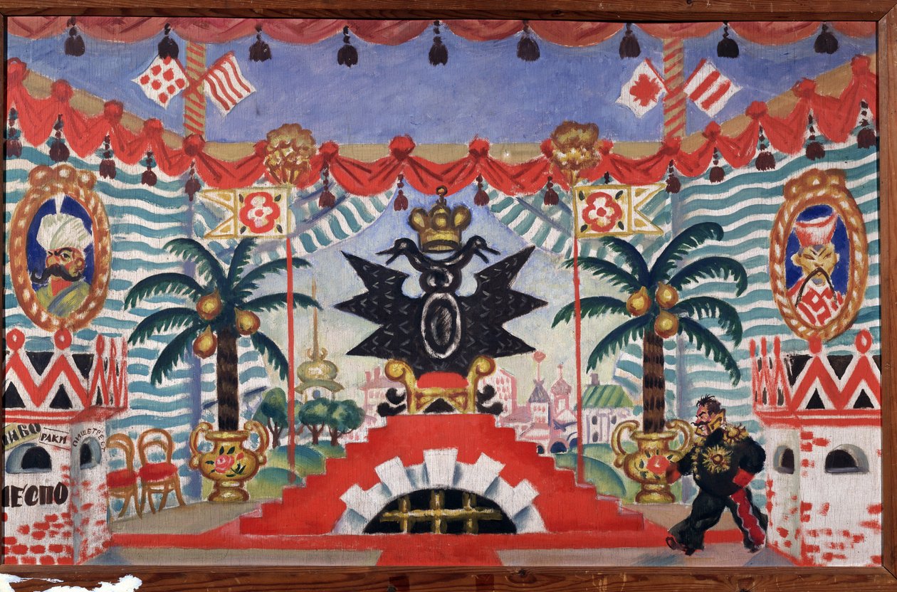 Scenedesign til teaterstykket Loppen af E. Zamyatin, 1925-1926 af Boris Mikhailovich Kustodiev