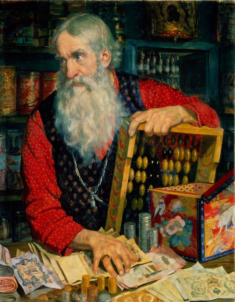 Den gamle købmand med penge, 1918 af Boris Mikhailovich Kustodiev