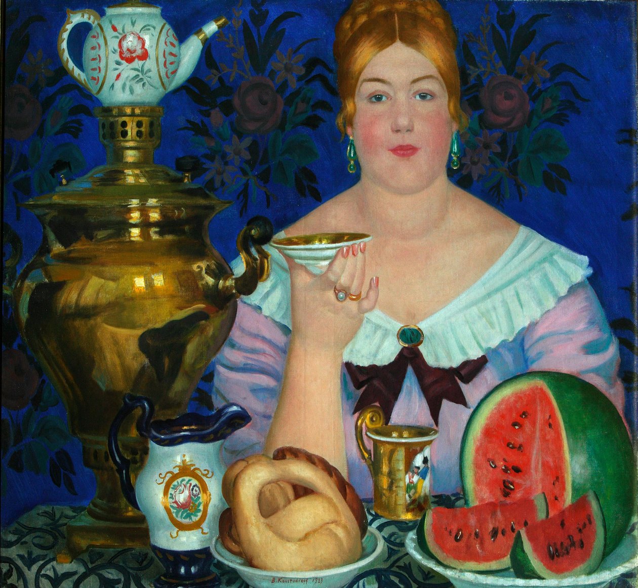 Købmandskonen drikker te, 1923 af Boris Mikhailovich Kustodiev