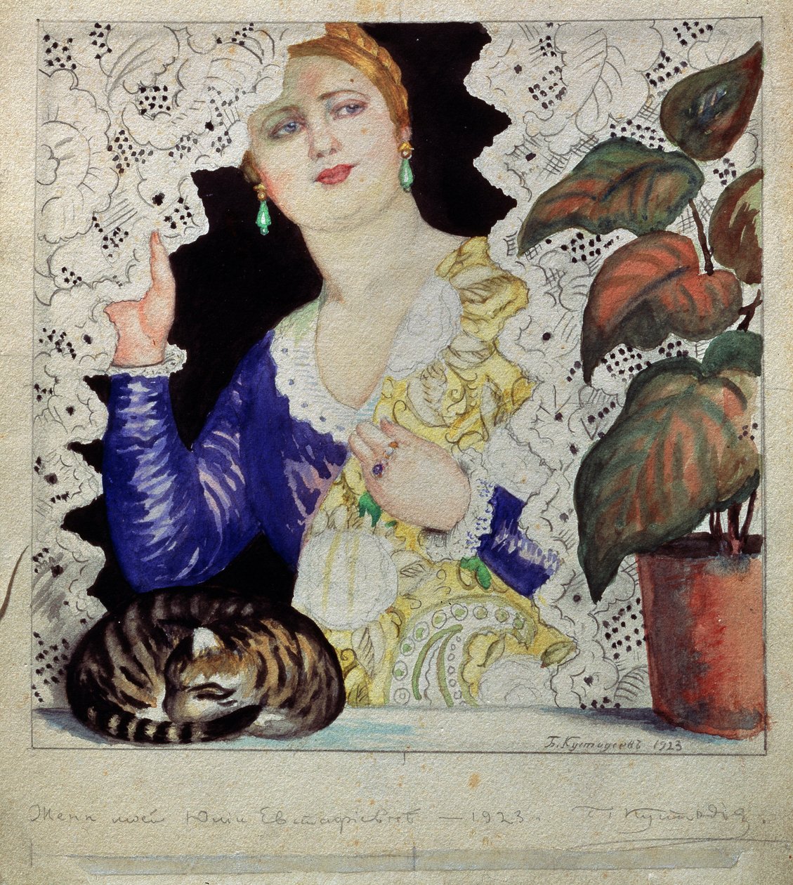 Une femme russe a sa fenetre (En russisk pige ved vinduet). En lyshåret, pæn kvinde (kjole, smykker, sjal og lokketøj) skubber blondegardinet tilbage fra sit vindue. På kanten ruller en grøn plante og en kat i en bold. Værk af Boris Michaylovich Kus af Boris Mikhailovich Kustodiev