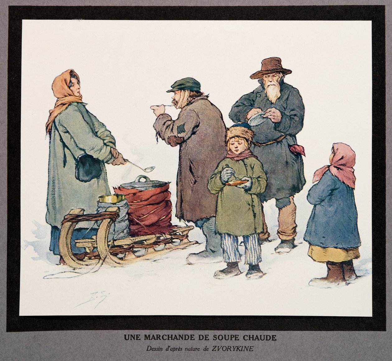 En varm suppesælger, fra Histoire des Soviets, pub. 1922 (farve litho) af Boris Vasilievich Zvorykin