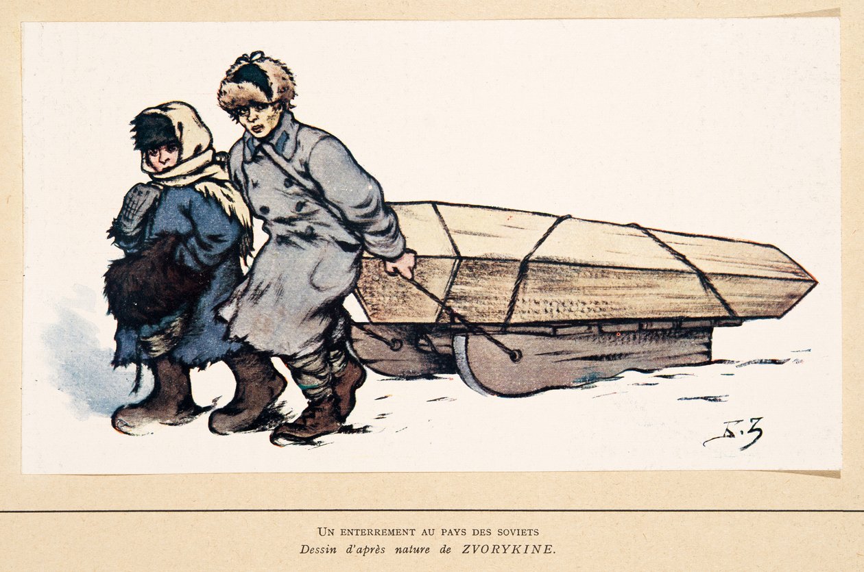 En begravelse i Rusland, fra Histoire des Soviets, pub. 1922 (farve litho) af Boris Vasilievich Zvorykin