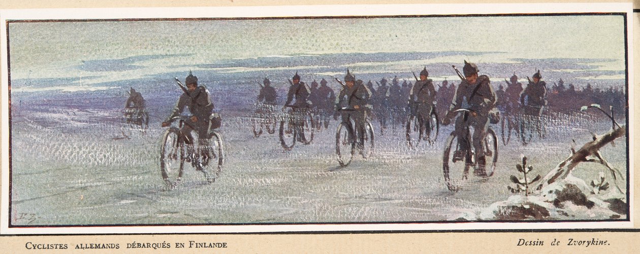 tyske cyklister, der ankommer til Finland; fra Histoire des Soviets, pub. 1922 (farve litho) af Boris Vasilievich Zvorykin
