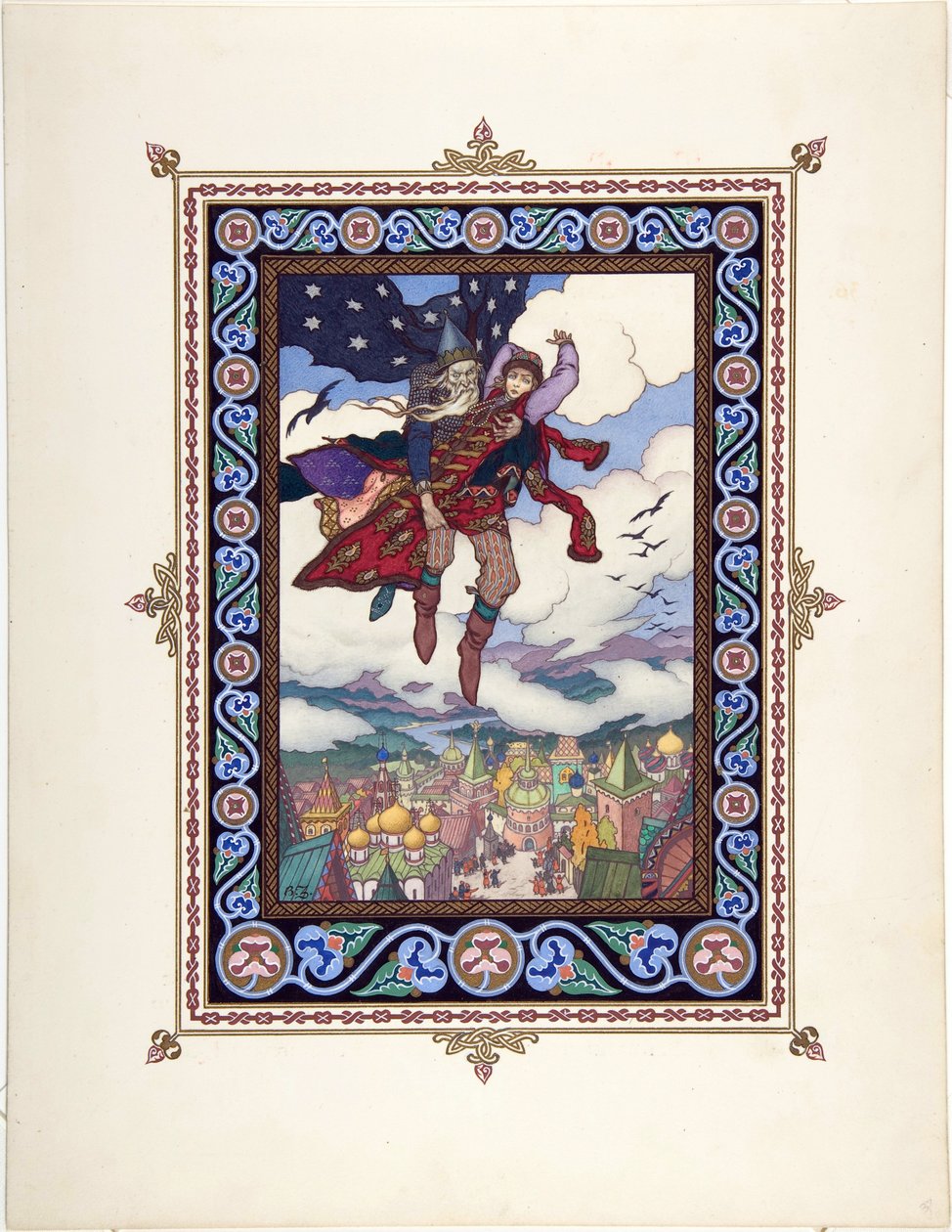 Illustration til eventyret Marya Morevna (Maria des mers) af Zvorykin, Boris Vasilievich (1872-efter 1935), ca. 1925 - Farvelitografi, 27,3x20,5 - Privat samling af Boris Vasilievich Zvorykin